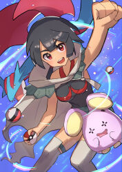 1girl :d arm_up black_hair breasts cape chaki_illustrator clenched_hand commentary_request gen_3_pokemon highres holding holding_poke_ball looking_at_viewer nintendo open_mouth poke_ball poke_ball_(basic) pokemon pokemon_(creature) pokemon_oras red_eyes salamence shirt shorts smile teeth thighhighs upper_teeth_only whismur zinnia_(pokemon)