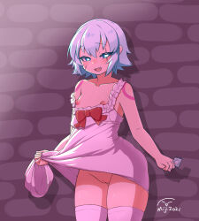 1girl 2021 blue_eyes bottomless breasts breasts_out condom fate/apocrypha fate/grand_order fate_(series) flat_chest heart heart-shaped_pupils holding holding_condom jack_the_ripper_(fate/apocrypha) lifting_own_clothes loli miji_doujing_daile official_alternate_costume presenting_pussy pussy shoulder_tattoo solo symbol-shaped_pupils tagme tattoo thighhighs white_hair white_thighhighs