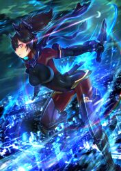 1girl armor asura_ninja black_hair bodysuit breasts brown_hair city city_lights cityscape cloud dual_wielding glowing glowing_eye hair_ornament headgear highres holding holding_sword holding_weapon knife large_breasts light_trail looking_at_viewer megami_device moon night night_sky ninja outdoors parted_lips ponytail reverse_grip scarf shingo_(picturepuzzle) short_sword skin_tight sky solo sword variant_set weapon