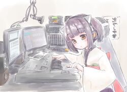 1girl back_bow black_hair blush bow closed_mouth commentary_request desk from_side headphones highres indoors instrument japanese_clothes keyboard_(instrument) kimono knife_hair_ornament looking_at_object looking_down microphone microphone_stand monitor multiple_monitors music obi oversized_object playing_instrument poster_(object) recording_audio recording_studio red_sash sakurai_akira sash sitting sketch solo stereo touhoku_kiritan voiceroid white_kimono yellow_eyes