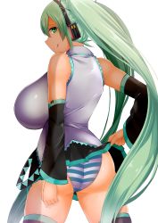 1girl :p bare_shoulders breasts clothes_lift detached_sleeves facominn female_focus green_eyes green_hair hatsune_miku highres huge_breasts impossible_clothes long_hair looking_at_viewer panties side_ponytail simple_background skirt skirt_lift smirk solo standing striped_clothes striped_panties thighhighs tongue tongue_out underwear very_long_hair vocaloid white_background