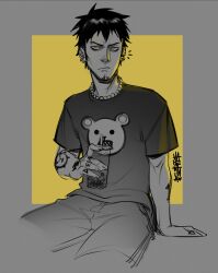 black_hair cup facial_hair goatee greyscale highres holding holding_cup looking_at_viewer male_focus monochrome one_piece pants shirt short_hair sitting solo spot_color trafalgar_law valentina_tavolilla