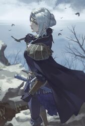1girl ascot bird cape dagger duchess_(elden_ring) elden_ring elden_ring_nightreign from_above from_side geranbb gloves half_mask highres knife mask outdoors pants parted_lips sky solo weapon white_ascot white_hair