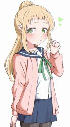 1girl black_pantyhose blonde_hair blue_sailor_collar blue_skirt blush closed_mouth collarbone crust_gm0 dot_nose feet_out_of_frame female_focus green_eyes heart inose_mai koisuru_asteroid long_hair long_sleeves looking_at_viewer open_clothes pantyhose pink_sweater ponytail sailor_collar school_uniform shirt simple_background skirt solo standing sweater white_background white_shirt