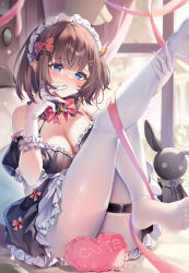 1girl absurdres bare_shoulders black_dress blue_eyes bow bowtie breasts brown_hair cleavage detached_sleeves dress frilled_gloves frills gloves guzangnanfeng hair_bow highres holding_own_leg indoors looking_at_viewer maid maid_headdress original pantyhose parted_lips pink_bow pink_bowtie short_hair short_sleeves sitting thigh_strap white_gloves white_pantyhose