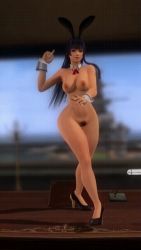 1girl 3d animal_ears animated animated_gif ass black_hair breasts dancing dead_or_alive dead_or_alive_5 detached_collar high_heels highres large_breasts long_hair navel nipples nude nyotengu office on_table pubic_hair purple_eyes rabbit_ears repinscourge table thighs wrist_cuffs