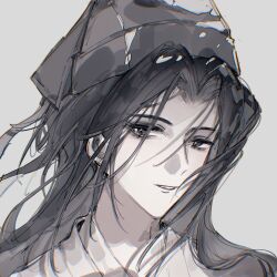 Rule 34 | 1boy, bishounen, black eyes, black hair, black hat, chinese clothes, chinese commentary, dao gui yi xian, floating hair, grey background, hanfu, hat, highres, jin (headwear), long hair, looking at viewer, male focus, parted lips, portrait, shuiyuan, simple background, sketch, smile, solo, white background, white hanfu, zhouzi jin (headwear), zhuge yuan
