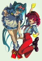 2girls alternate_costume ankle_socks apron arm_up black_necktie black_shoes blue_dress blue_hair blue_hat blush bow buttons clenched_hand collared_dress collared_shirt diagonal-striped_bow double-breasted dress drill_hair flat_chest floating_clothes floating_hair grey_background hair_between_eyes hand_on_own_hip hat hat_bow hatsune_miku highres jiuhez jumping kasane_teto kepi leaning_forward long_hair looking_at_viewer lower_teeth_only mesmerizer_(vocaloid) military_hat multiple_girls necktie open_mouth outstretched_arm pants pinstripe_dress pinstripe_hat pinstripe_pattern puffy_short_sleeves puffy_sleeves red_bow red_hat red_pants red_shoes roller_skates sailor_collar shirt shoes short_sleeves skates sleeves_rolled_up socks striped_clothes striped_shirt suspenders teeth tongue twin_drills twintails two-tone_bow utau very_long_hair vocaloid waist_apron white_apron white_bow white_sailor_collar white_socks white_wrist_cuffs wing_collar wrist_cuffs