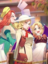 Rule 34 | 3girls, absurdres, adapted costume, bag, bat wings, beret, blonde hair, bow, bowtie, brown bow, brown bowtie, brown dress, brown jacket, brown vest, commentary request, dress, elly (touhou), gensokyo, green shirt, guumin, happy, hat, highres, jacket, kurumi (touhou), long sleeves, medium hair, multiple girls, open mouth, orange (touhou), orange eyes, orange hair, outdoors, parted bangs, pointy ears, purple wings, shirt, shoulder bag, skirt, sun hat, touhou, touhou (pc-98), vest, walking, white dress, white skirt, wings, yellow eyes, yellow hat