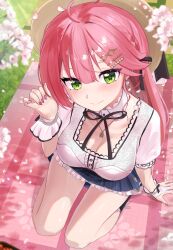 1girl ahoge black_ribbon blue_skirt breasts cherry_blossoms cleavage closed_mouth commentary day detached_collar fingernails flower from_above green_eyes hair_ornament hair_ribbon hairclip hat highres hololive jewelry large_breasts long_hair looking_at_viewer nail_polish neck_ribbon necklace outdoors pink_flower pink_hair pink_nails ribbon sakura_miko sakura_miko_(street) shirt short_sleeves skirt smile solo straw_hat thighs virtual_youtuber white_shirt white_wrist_cuffs woogi_(duguddnr) wrist_cuffs yellow_hat