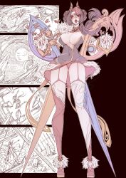 1girl asymmetrical_bangs boots breasts brown_hair bug butterfly china_dress chinese_clothes cleavage cleavage_cutout clothing_cutout dress eyelashes fur-trimmed_boots fur_trim garter_straps glasses gwen_(league_of_legends) hair_ornament highres insect jun_wu_mo large_breasts league_of_legends lingerie long_sleeves looking_at_viewer mandarin_collar open_mouth panties red-framed_eyewear red_boots red_butterfly red_eyes scissors solo thick_thighs thighs tongue tongue_out underwear