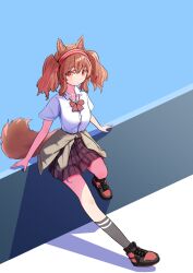 1girl angelina_(arknights) animal_ears arknights black_socks blue_background brown_hair brown_tail buttons closed_mouth clothes_around_waist collared_shirt commentary_request dress_shirt full_body grey_jacket hairband highres jacket jacket_around_waist kiyu_es335 kneehighs looking_at_viewer material_growth open_collar orange_eyes oripathy_lesion_(arknights) partial_commentary plaid_clothes plaid_skirt purple_skirt red_hairband shirt short_hair short_sleeves skirt socks solo standing tail white_shirt