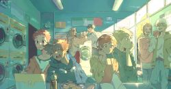 3girls 5boys angry arguing arm_around_shoulder artist_name bag belt black_hair black_leggings blonde_hair blue_hoodie book bottle brown_hair can candy chips_(food) closed_eyes closed_mouth collarbone collared_shirt computer couple denim digimon digimon_adventure drink drink_can earbuds earphones evening eyebrows eyelashes fingernails food food_in_mouth forehead glasses goggles goggles_around_neck green_sweater hair_between_eyes hand_on_own_face happy hat head_on_another&#039;s_shoulder hetero highres holding holding_drink holding_unworn_clothes hood hood_down hoodie indoors ishida_yamato izumi_koshiro jacket jeans kido_jo laptop laughing laundromat laundry leaf leaning_on_person leggings listening_to_music long_hair long_sleeves looking_at_another multiple_boys multiple_girls nonagon off_shoulder open_book open_mouth orange_eyes orange_hair pale_skin pants pink_shirt pocket potato_chips profile reading red_eyes red_hair red_shirt red_skirt shirt shirt_tucked_in short_hair short_sleeves shouting sidelocks sitting skirt sleeping three-quarter_sleeves smile soda soda_can spaghetti_strap spiked_hair standing studying sunlight sunset sweatdrop sweater table tachikawa_mimi takaishi_takeru takenouchi_sora tank_top teeth tired tongue tree twitter_username washing_machine watch water_bottle watermark white_shirt window wristwatch yagami_hikari yagami_taichi yaoi yellow_eyes yellow_jacket