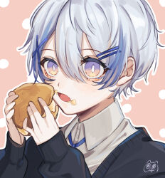 1girl black_jacket blue_hair collared_shirt commentary_request crumbs food hair_between_eyes hair_ornament hairclip highres holding holding_food jacket long_sleeves multicolored_hair orange_background original outline polka_dot polka_dot_background purple_eyes shirt short_hair signature sleeves_past_wrists solo streaked_hair tongue white_hair white_outline white_shirt x_hair_ornament yoruse