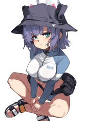 1girl aqua_eyes black_hair black_hat blue_archive breasts bucket_hat closed_mouth commentary covered_erect_nipples fu-ta hat highres indian_style large_breasts long_sleeves looking_at_viewer navel official_alternate_costume rash_guard saki_(blue_archive) saki_(swimsuit)_(blue_archive) sandals short_hair simple_background sitting solo sports_sandals toes white_background