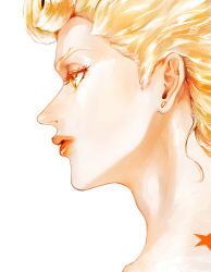 1boy birthmark blonde_hair earrings from_side giorno_giovanna jewelry joestar_birthmark jojo_no_kimyou_na_bouken male_focus orange_eyes portrait profile solo stud_earrings vento_aureo victory_rolls white_background zakki