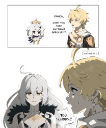 1boy 2girls absurdres aether_(genshin_impact) ahoge artist_name asmoday_(genshin_impact) bare_shoulders blonde_hair braid breasts bright_pupils can&#039;t_you_take_anything_seriously?_(meme) chibi cleavage dress earrings expressionless fur_trim genshin_impact hair_between_eyes hair_ornament halo highres jewelry long_hair looking_at_another meme multiple_girls nerozero orange_eyes paimon_(genshin_impact) simple_background single_earring speech_bubble sweatdrop upper_body white_background white_dress white_hair