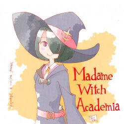 Rule 34 | 1girl, artist logo, black hair, crossover, dress, gundam, gundam gquuuuuux, hair over one eye, hat, little witch academia, logo, luna nova school uniform, purple dress, purple eyes, purple hat, school uniform, shiiko sugai, shiro0909, short hair, smile, solo, witch hat