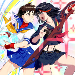 2girls abs angry attack battle black_hair blue_eyes blue_sailor_collar brown_eyes brown_hair capcom clenched_teeth commission duel fighting fighting_game fighting_stance fingerless_gloves four-pointed_star gloves gradient_background hadouken headband highres holding holding_sword holding_weapon kamui_(kill_la_kill) kasugano_sakura kill_la_kill looking_at_another matoi_ryuuko multicolored_hair multiple_girls red_gloves red_sports_bra sailor_collar sailor_crest school_uniform scissor_blade_(kill_la_kill) senketsu serafuku short_hair single_glove skeb_commission sports_bra spread_legs streaked_hair street_fighter street_fighter_zero_(series) suspenders sword teeth trigger_(company) two-tone_hair weapon white_headband yagi2013