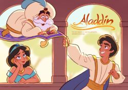 1girl 2boys aladdin_(movie) arabian_clothes bare_shoulders black_hair blonde_hair breasts brown_eyes cleavage dark-skinned_female dark_skin earrings highres jasmine_(disney) jewelry long_hair looking_at_viewer midriff multiple_boys necklace pants shirt smile sultan_(disney) takatmaorange very_long_hair