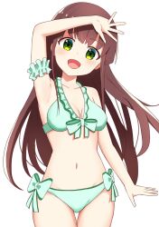 Rule 34 | 1girl, :d, alternate costume, arm up, armpits, bare shoulders, bikini, blush, bow, bow bikini, breasts, breasts apart, brown hair, collarbone, commentary, cowboy shot, floating hair, frilled arm strap, frilled bikini, frills, gochuumon wa usagi desu ka?, green bikini, green bow, green eyes, hair between eyes, happy, highres, large breasts, long hair, looking at viewer, navel, open mouth, outstretched hand, poteto furai, sidelocks, simple background, smile, solo, stomach, straight hair, swimsuit, tareme, thigh gap, ujimatsu chiya, very long hair, white background