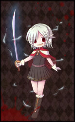 1girl :d argyle_background blood blood_drip blood_splatter bloody_weapon boots brown_background brown_boots brown_dress cape commentary_request creator_(ragnarok_online) dress empty_eyes full_body fur-trimmed_boots fur_trim gloves grey_hair holding holding_sword holding_weapon looking_at_viewer open_mouth rabbit_earmuffs ragnarok_online red_cape red_eyes ren_(totoki) short_hair smile solo standing sword weapon white_gloves