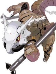 Rule 34 | absurdres, animal focus, closed mouth, gen 1 pokemon, highres, holding, holding staff, horns, marowak, mecha, mechanical tail, mechanization, nintendo, no humans, open hand, pokemon, pokemon (creature), robot, science fiction, solo, staff, tail, white background, yellow eyes, yunimaru