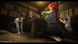 4girls absurdres ass black_necktie black_pants braid braided_ponytail breasts chainsaw_man cleaning commentary_request copyright_name dress_shirt higashiyama_kobeni highres himeno_(chainsaw_man) indoors kazenoko- large_breasts long_sleeves looking_at_viewer makima_(chainsaw_man) multiple_girls necktie no_shoes pants pink_hair power_(chainsaw_man) red_eyes red_hair seiza shirt sitting socks white_shirt white_socks wiping
