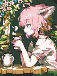 Rule 34 | 1girl, ahoge, alternate costume, animal ears, aqua eyes, arknights, blue flower, closed mouth, commentary, cup, drink, elbows on table, extra ears, flower, fox ears, fox girl, from side, grey hair, holding, holding cup, holding drink, long sidelocks, looking ahead, making-of available, pixel art, plant, potato815, shirt, short hair, short sleeves, sidelocks, sitting, solo, steam, sussurro (arknights), symbol-only commentary, teapot, upper body, white flower, white shirt
