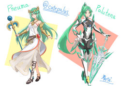 2girls absurdres aegis_sword_(xenoblade) ancient_greek_clothes aotsuba armpit_peek bare_shoulders belt blush boots bracelet bracer breasts chiton choker commission commissioner_upload cosplay costume_switch crossover dress earrings female_focus full_body gloves greco-roman_clothes green_eyes green_hair high_heel_boots high_heels highres holding holding_staff holding_sword holding_weapon jewelry kid_icarus kid_icarus_uprising long_hair looking_at_viewer matching_hair/eyes medium_breasts multiple_girls necklace nintendo palutena palutena_(cosplay) parted_bangs pendant pneuma_(xenoblade) pneuma_(xenoblade)_(cosplay) ponytail side_slit sidelocks single_thighhigh skeb_commission sleeveless sleeveless_dress smile staff strapless strapless_dress swept_bangs sword thigh_boots thighhighs very_long_hair weapon white_dress xenoblade_chronicles_(series) xenoblade_chronicles_2