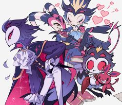 2boys absurdres ascot bad_id bad_pixiv_id black_cape blitzo_(helluva_boss) blush book book_stack cape carrying closed_eyes colored_sclera furry hand_on_own_hip heart helluva_boss highres holding holding_stuffed_toy horns leaning_forward looking_at_another looking_at_viewer meremero multiple_boys multiple_views open_book owl_boy pants petals princess_carry red_eyes standing stolas_(helluva_boss) striped_horns stuffed_animal stuffed_rabbit stuffed_toy white_ascot white_pants yaoi yellow_sclera