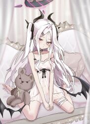1girl alternate_costume bare_shoulders bed black_choker black_halo blue_archive canopy_bed chemise choker coa_(35_seno) commentary demon_girl demon_horns demon_wings dress halo highres hina_(blue_archive) horns kneeling long_hair multiple_horns on_bed own_hands_together parted_bangs pillow purple_eyes see-through_chemise see-through_clothes sleeveless sleeveless_dress solo stuffed_animal stuffed_toy sundress teddy_bear white_chemise white_dress white_hair wings