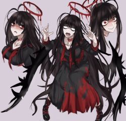 Rule 34 | 1girl, antenna hair, black hair, black serafuku, black skirt, blood, blood halo, blood on clothes, blue archive, blush, closed mouth, grey background, halo, jeminiremu, liquid halo, long hair, multiple views, nose blush, open mouth, pale skin, red eyes, saliva, school uniform, serafuku, simple background, skirt, smile, tsurugi (blue archive), very long hair, wide-eyed