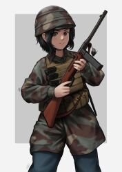 1girl absurdres ammunition_pouch belt beretta_model_38 beretta_model_38_(girls&#039;_frontline) black_hair brown_eyes camouflage charm_(object) chibi commentary commission english_commentary girls&#039;_frontline gun highres italy kaibokan looking_at_viewer mab_38 military_combat_uniform military_uniform outside_border paratrooper pouch real_life soldier solo submachine_gun vest weapon when_you_see_it world_war_ii