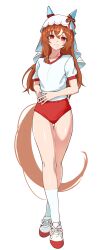 1girl absurdres alternate_costume animal_ears blush breasts brown_hair buruma commentary ear_covers enukee full_body gym_uniform highres horse_ears horse_girl looking_at_viewer red_eyes socks solo standing still_in_love_(umamusume) umamusume veil white_background white_socks