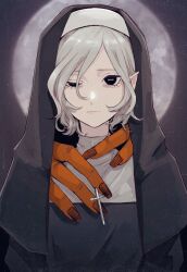 Rule 34 | 1boy, bags under eyes, black eyes, black veil, coif, cross, cross necklace, crossdressing, crossdressing (mtf), dungeon meshi, elf, full moon, grey hair, highres, jewelry, latin cross, lazy eye, looking at viewer, male focus, mithrun, moon, necklace, night, notched ear, nun, pointy ears, r06ku, short hair, solo, traditional nun, uneven eyes, upper body, veil, wavy hair