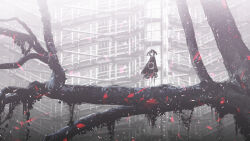 1other 3d_background androgynous bad_id bad_pixiv_id black_jacket black_skirt branch full_body grey_theme hair_between_eyes highres jacket long_sleeves looking_at_viewer meola original outdoors scenery short_hair short_twintails skirt solo spot_color standing_on_branch twintails
