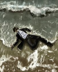 Rule 34 | 1boy, beach, black coat, black hair, black necktie, bungou stray dogs, closed eyes, coat, collared shirt, dazai osamu (bungou stray dogs), from above, full body, head tilt, highres, knee up, kusaikdd, lying, muted color, necktie, on back, partially submerged, shirt, shore, short hair, solo, surf, white shirt