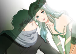 1boy 1girl aged_up breasts detached_sleeves edward_geraldine final_fantasy final_fantasy_iv final_fantasy_iv:_the_after_years green_eyes green_hair hair_ornament highres long_hair looking_at_viewer medium_breasts open_mouth rydia_(ff4) simple_background smile user_anzs2882