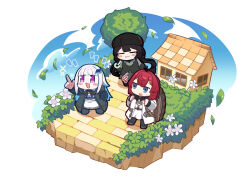 221_(tsutsuichi) 3girls :3 ange_katrina arms_behind_back backpack bag black_hat blue_eyes blue_hair blue_sky blunt_bangs blush_stickers boots brown_bag brown_hair building chibi closed_eyes closed_mouth cloud coat colored_inner_hair commentary_request day diorama dress falling_leaves flower grey_boots grey_coat grey_dress hair_intakes hair_ornament hand_in_pocket hand_up hat holding_strap index_finger_raised inui_toko leaf lize_helesta long_hair long_sleeves looking_at_another low_twintails medium_hair multicolored_hair multiple_girls nijisanji no_pupils official_alternate_costume open_mouth outdoors page_of_lambda path plant puff_of_air purple_eyes red_hair road sanbaka_(nijisanji) sidelocks sky sparkle squiggle standing streaked_hair thick_outlines tree triangle_hair_ornament twintails two-tone_hair very_long_hair virtual_youtuber white_coat white_dress white_flower white_hair