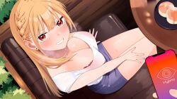 1girl absurdres blonde_hair blue_skirt blush booth_seating bra bra_peek braid breasts bush byte_(allbyte) cleavage collarbone denim denim_skirt ear_piercing grin hair_between_eyes highres hypnosis_app large_breasts long_hair looking_at_viewer original piercing red_bra shirt short_sleeves sitting skirt smile solo sweat table thighs underwear white_shirt