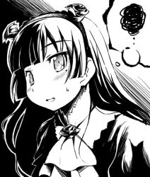 1girl blush female_focus gokou_ruri greyscale kubocha kubota long_hair lowres mole mole_under_eye monochrome ore_no_imouto_ga_konna_ni_kawaii_wake_ga_nai smile solo squiggle