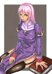 1girl breasts brown_thighhighs covered_erect_nipples cross cross_necklace female_focus garter_straps jewelry large_breasts long_hair necklace pink_eyes pink_hair priest_(ragnarok_online) ragnarok_online shiny_clothes solo thighhighs zxc