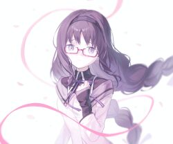 1girl absurdres akemi_homura black_shirt braid closed_mouth glasses hairband highres jacket long_hair looking_at_viewer mahou_shoujo_madoka_magica mahou_shoujo_madoka_magica_(anime) purple_hairband purple_ribbon red-framed_eyewear ribbon shirt sidelocks sleeves_past_wrists solo twin_braids upper_body white_jacket xianyusixu