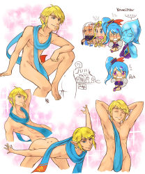 ! !! ... 1boy 4girls armpits ass blonde_hair blue_eyes blue_hair blue_skin blush chibi chibi_inset clothed_female_nude_male colored_skin convenient_censoring covering_own_eyes dark_skin earrings embarrassed fi_(zelda) forehead_jewel grin heart highres hyrule_warriors impa jewelry kitsune23star kyoukai_no_kanata lana_(hyrule_warriors) link lots_of_jewelry male_focus multiple_girls naked_scarf nintendo nude parody pointy_ears princess_zelda purple_eyes scarf single_earring smile sparkle spoken_heart the_legend_of_zelda tiara white_hair