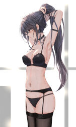 1girl adjusting_hair armpits black_bra black_choker black_panties black_thighhighs bra breasts choker from_side garter_belt highres large_breasts long_hair navel original panties panties_over_garter_belt purple_hair red_eyes solo standing sweat thighhighs underwear yuzuriha_(atelier_liang)