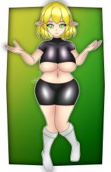 1girl absurdres blonde_hair breasts gradient_background green_background green_eyes highres latex latex_shorts latex_top looking_at_viewer medium_hair mizuhashi_parsee open_arms open_hands pointy_ears shiny_clothes smile socks solo stomach thighs touhou underboob white_socks yellow_background