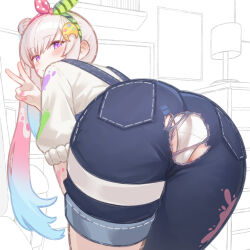 1girl absurdres airani_iofifteen airani_iofifteen_(1st_costume) ass ass_focus blue_overalls blush commentary english_commentary gradient_hair hair_bun hair_ornament hair_ribbon highres hololive hololive_indonesia long_hair looking_at_viewer merrytail multicolored_hair overalls paint_splatter panties pink_hair purple_eyes ribbon shirt solo torn_clothes torn_overalls underwear v virtual_youtuber white_panties