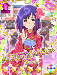 1girl akb0048 card_(medium) character_name cowboy_shot floral_print floral_print_kimono flower gotou_keiji hair_flower hair_ornament hand_up heart japanese_clothes kimono looking_at_viewer maeda_atsuko_(akb0048) obi official_art outdoors parted_lips pink_flower print_kimono purple_eyes purple_hair red_kimono sash short_hair shrine smile solo sparkle standing star_(symbol) straight-on wavy_hair wide_sleeves