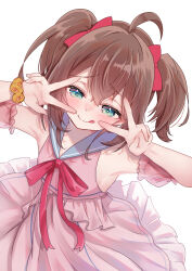 1girl :q ahoge armpits blue_sailor_collar blush closed_mouth double_v from_above highres hololive holonatsu_paradise lossko natsuiro_matsuri natsuiro_matsuri_(holonatsu_paradise) official_alternate_costume official_alternate_hairstyle sailor_collar short_twintails simple_background tongue tongue_out twintails v white_background